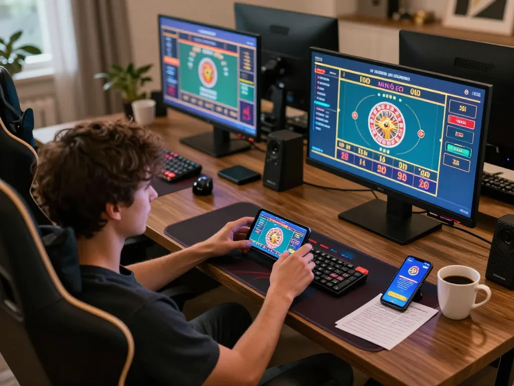 Engaging in strategic online gaming with the 79KING app displayed on multiple screens in a cozy home setup.