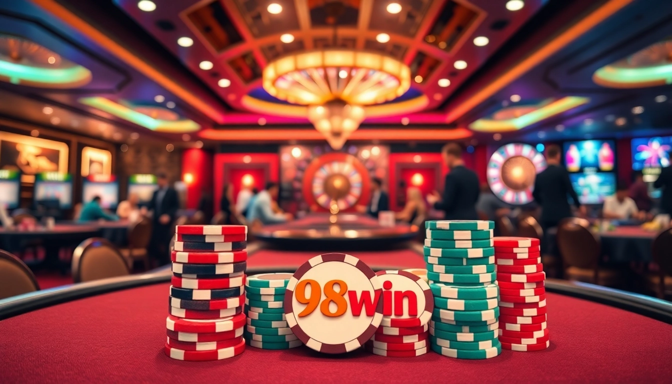 Engaging poker game scene at a luxury casino featuring 98win branding on poker chips.
