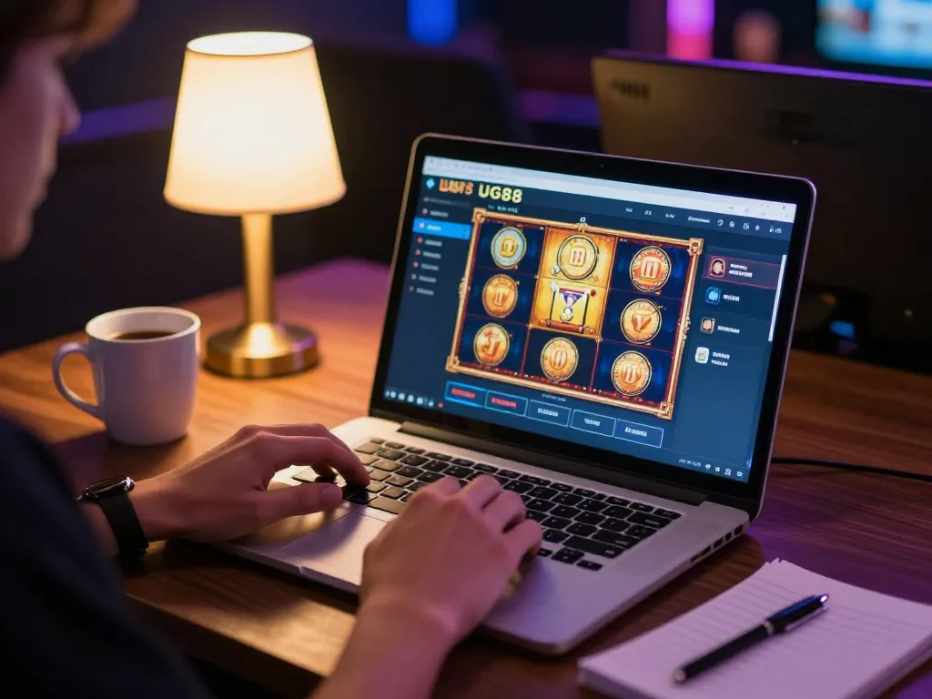 Engaging player enjoying UG88 online casino gaming on laptop with strategic notes nearby