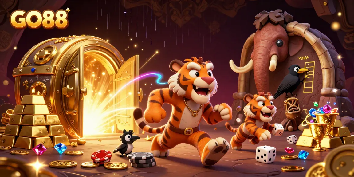 Win big at GO88 with exciting casino elements and prehistoric fun in this vibrant illustration.