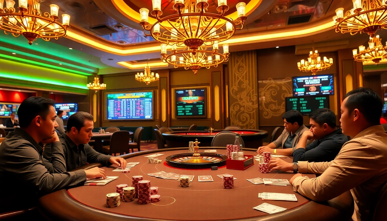 MM88 casino scene with high-stakes poker and vibrant roulette wheel in a luxurious setting.
