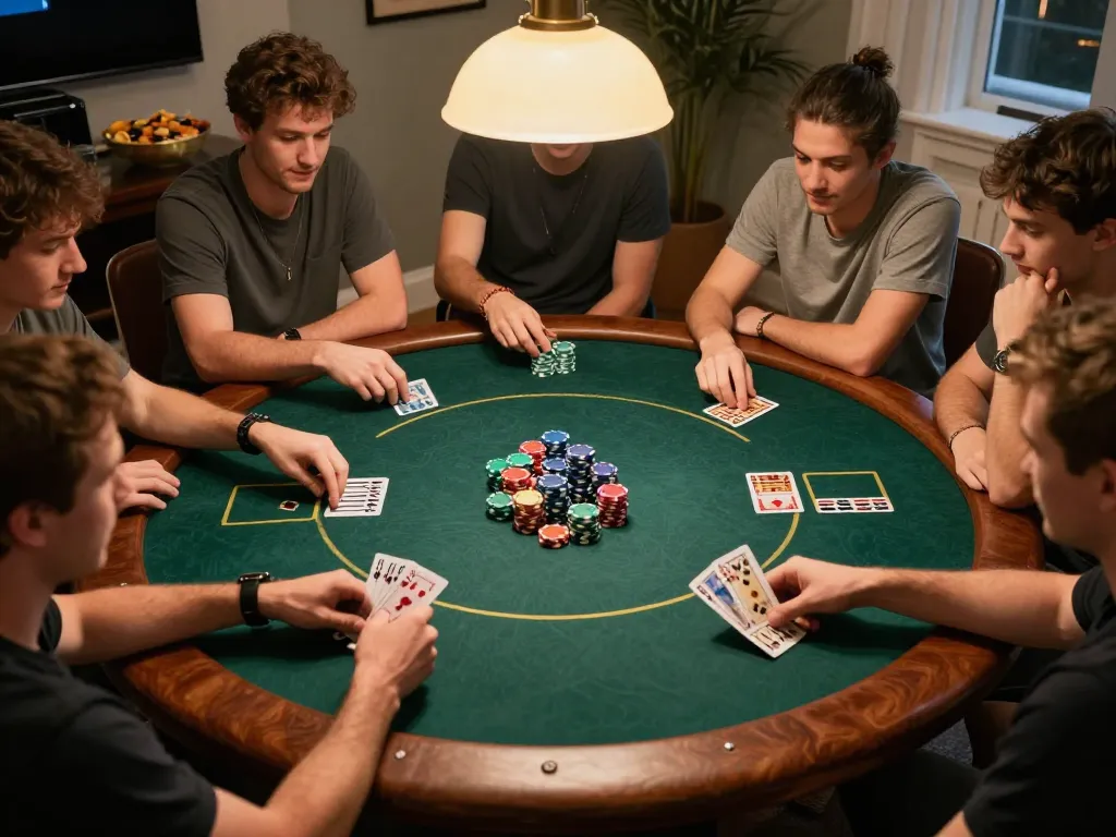 Nohu90 poker night with friends signaling excitement and strategy, vibrant chips stacked