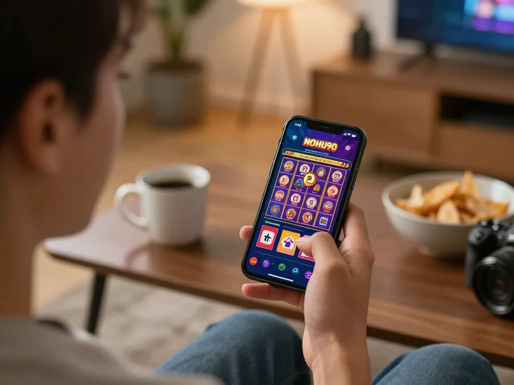 Nohu90 user engaging with a mobile casino app in a cozy living room, showcasing online gaming action