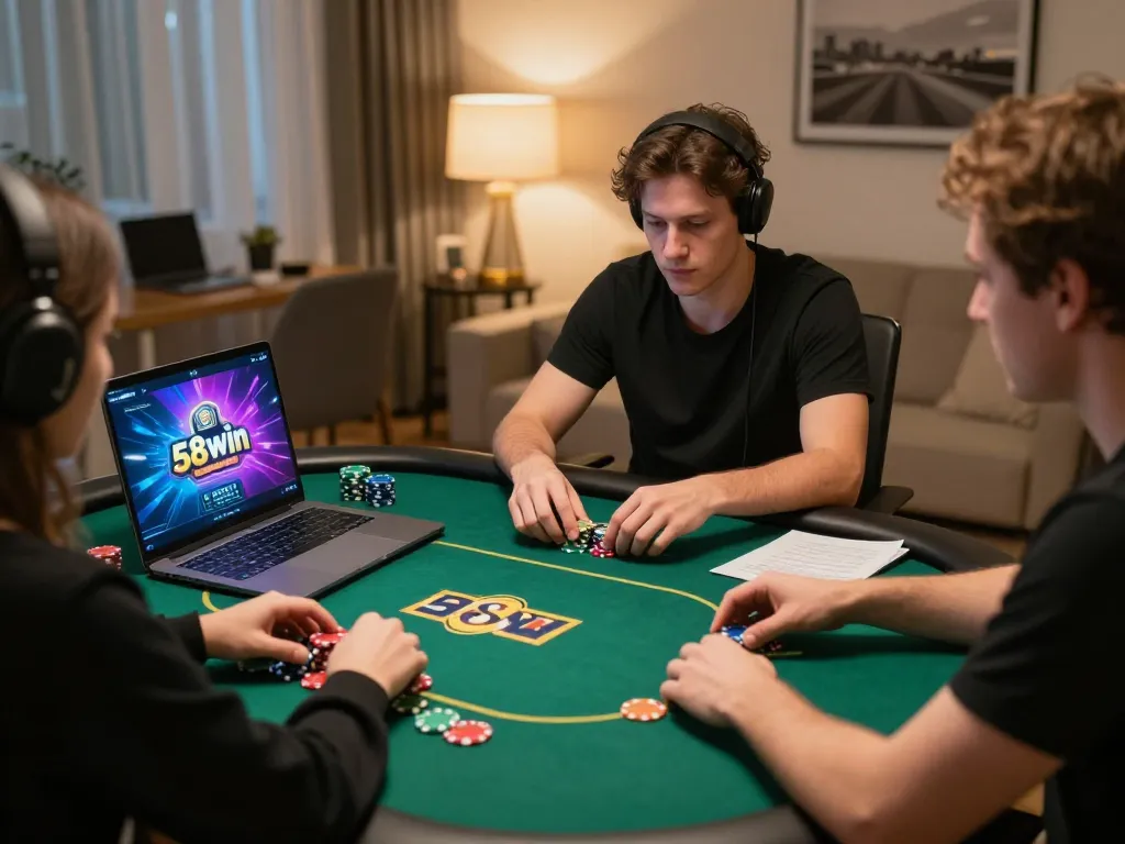 Player strategizing in a home office setting during an online poker game at 58win.