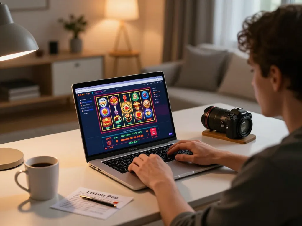 Player engaging with the fly88 online casino app on a laptop, showcasing a vibrant gaming environment and responsible gameplay.