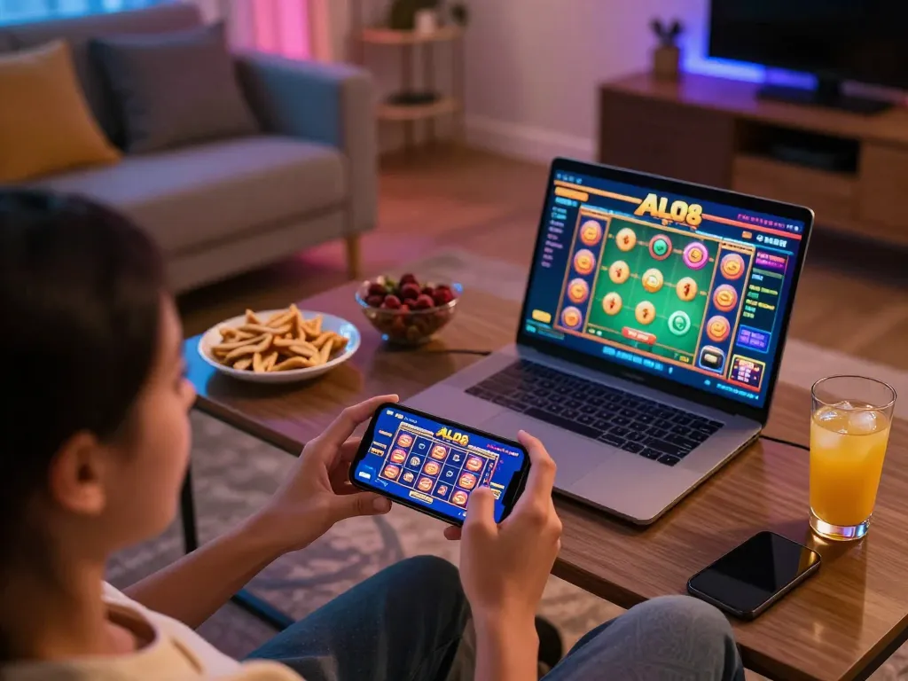 Person enjoying the ALO8 casino app on their smartphone while playing at home, showcasing vibrant gaming graphics.