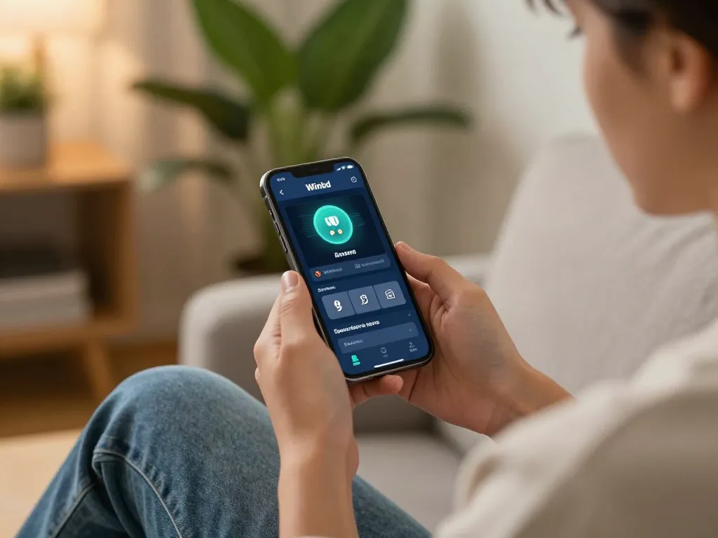 Betting on Winbd app through smartphone while strategizing in a cozy home environment.
