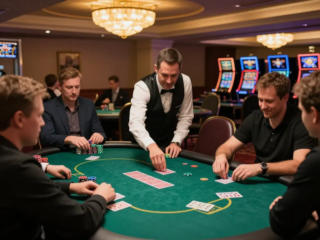 Poker players engaged at Jun88 brand table, showcasing dealer action and competitive atmosphere.