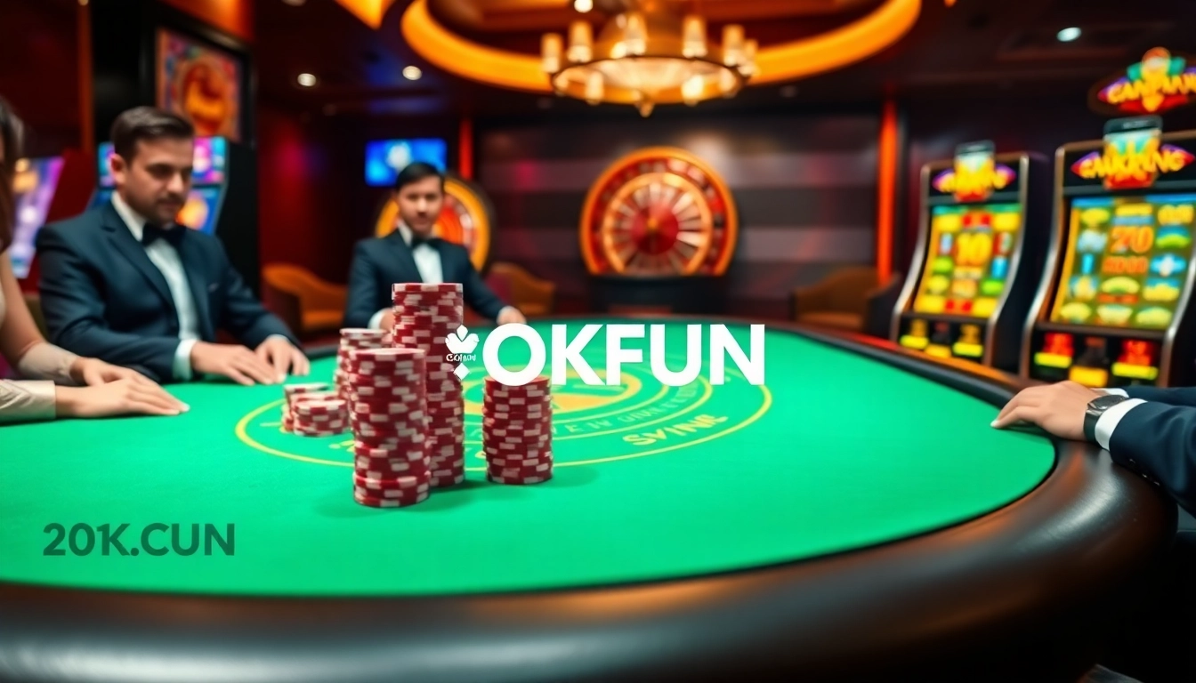 OKFUN casino players enjoying an exciting poker game with luxurious chips and a vibrant atmosphere.