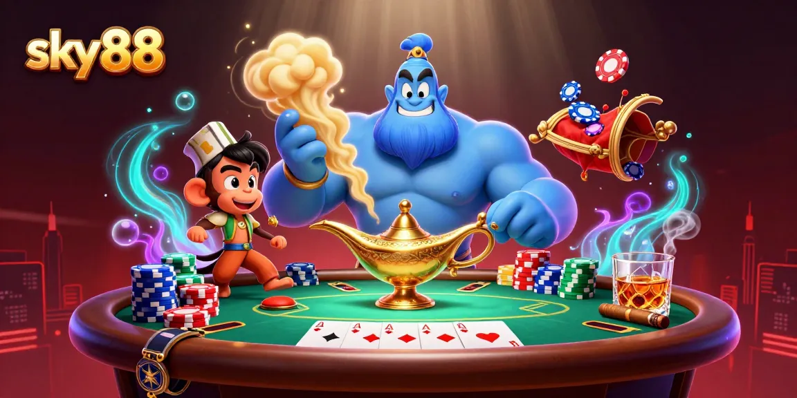 Experience the excitement of sky88 casino with this vibrant 3D illustration depicting a genie and poker chips.