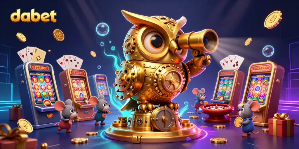 Dabet engages with vibrant casinos showcasing dynamic slot games and golden coins.