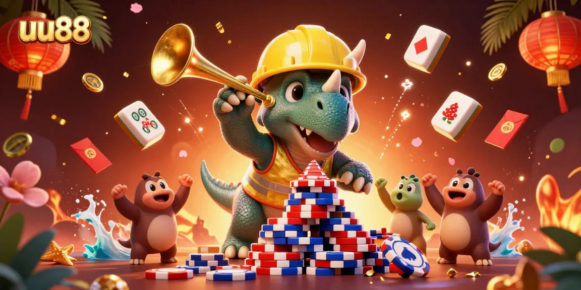 Celebrate with uu88 as a triceratops builds a poker chip pyramid, surrounded by vibrant casino elements