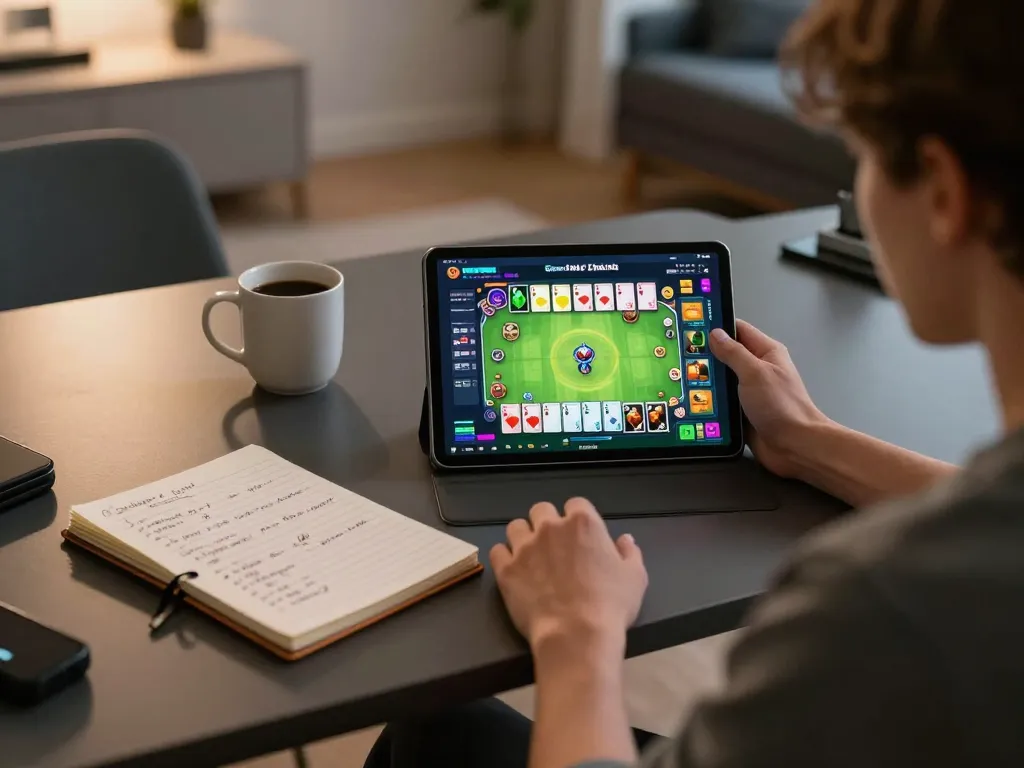 Engaging in Game bài đổi thưởng on a tablet in a cozy home setting with strategic notes.