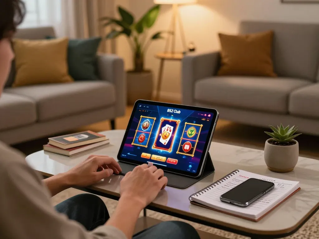 Engaging in B52 online gaming on a tablet in a cozy living room setup with betting strategy notes.