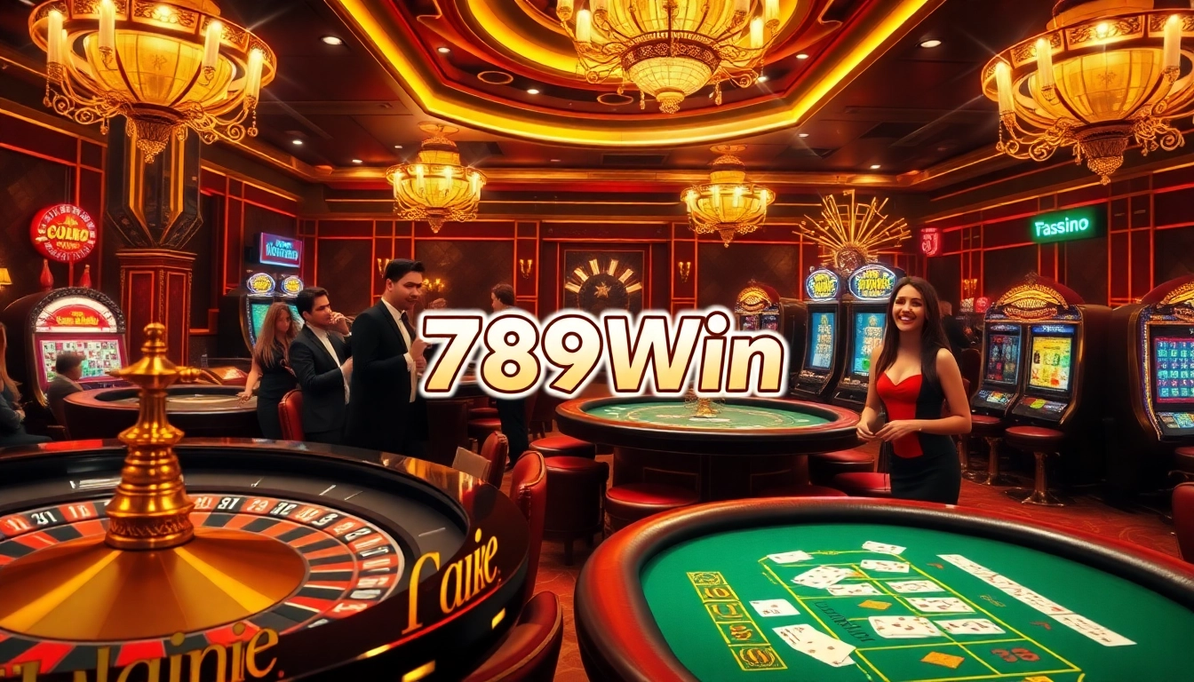Gamblers enjoying a thrilling experience at a 789Win casino with vibrant lights and exciting games.