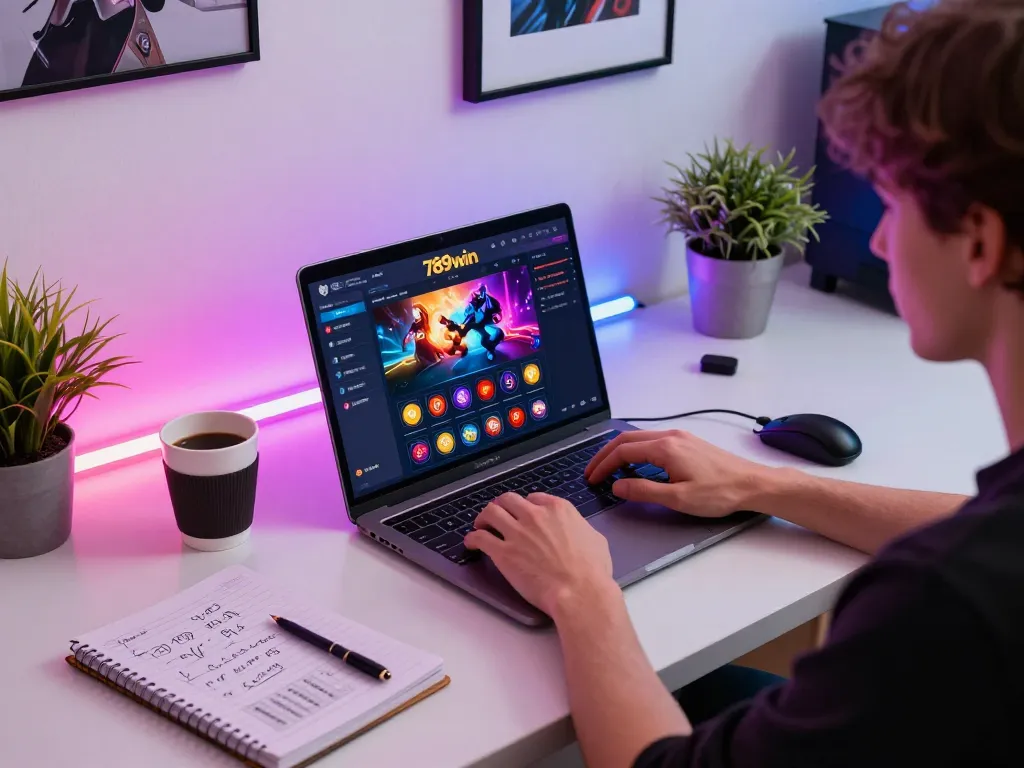 Engaging in online casino gameplay at 789win with colorful lighting and personal touches