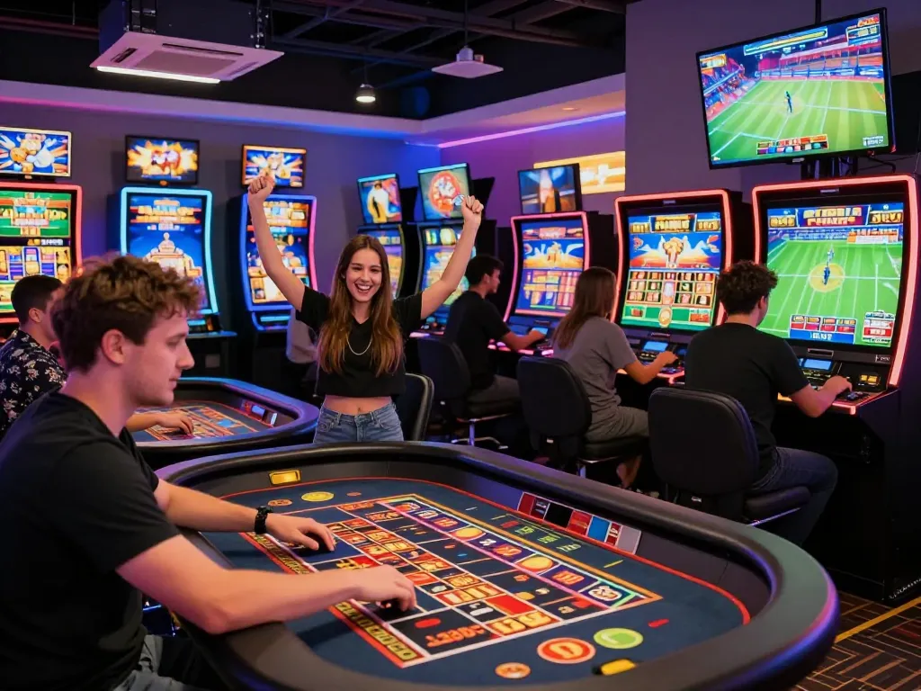 Exciting F168 gaming experience with players at live casino and slot machines.