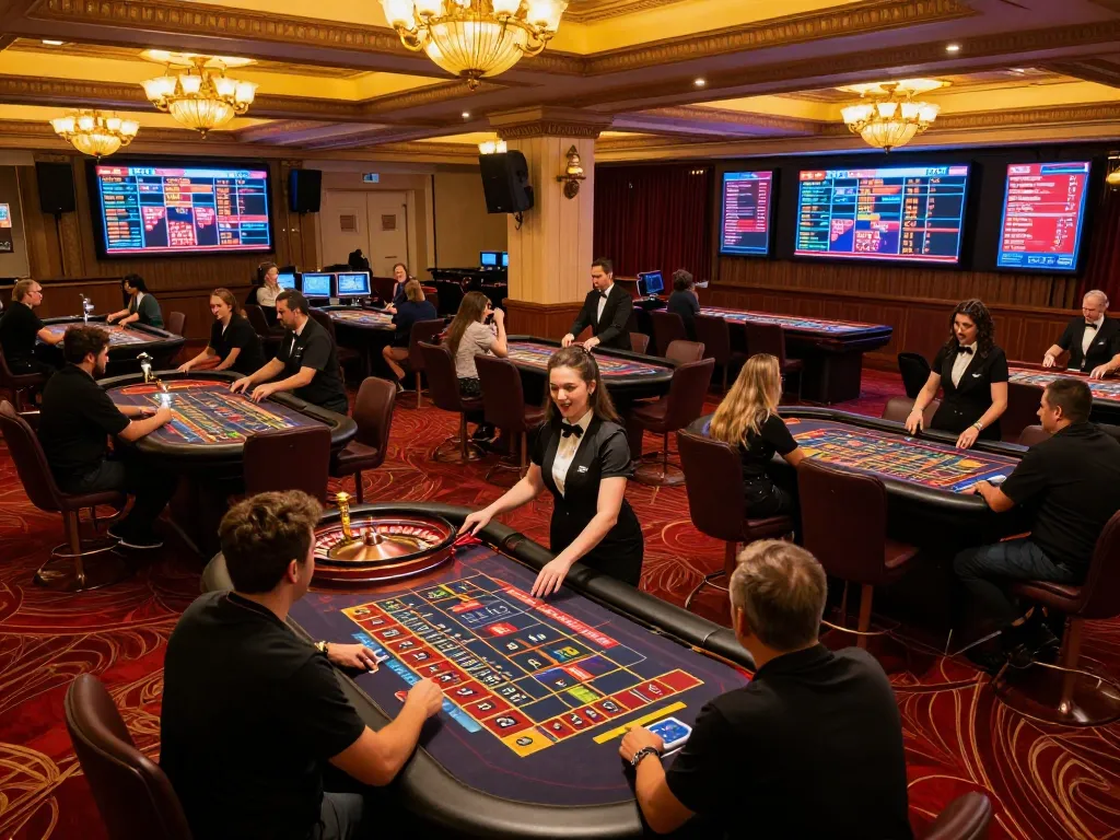 MM88 players celebrating victories at roulette table in vibrant casino atmosphere.