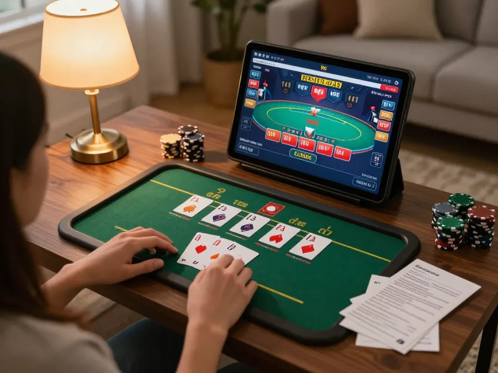 Player using qh88go app on tablet for online poker game strategy at home with notes.