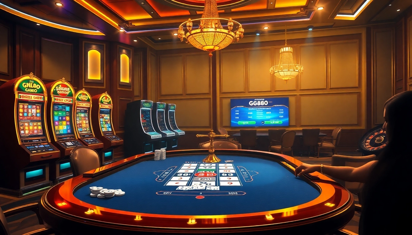 Experience the thrill of gaming at https://gg88.gold/ with vibrant slot machines and a high-stakes poker table.