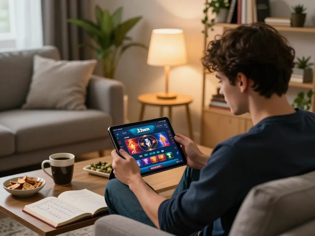 Player engaging with 33win app on tablet, showcasing interactive online gambling experience in a cozy home setting.