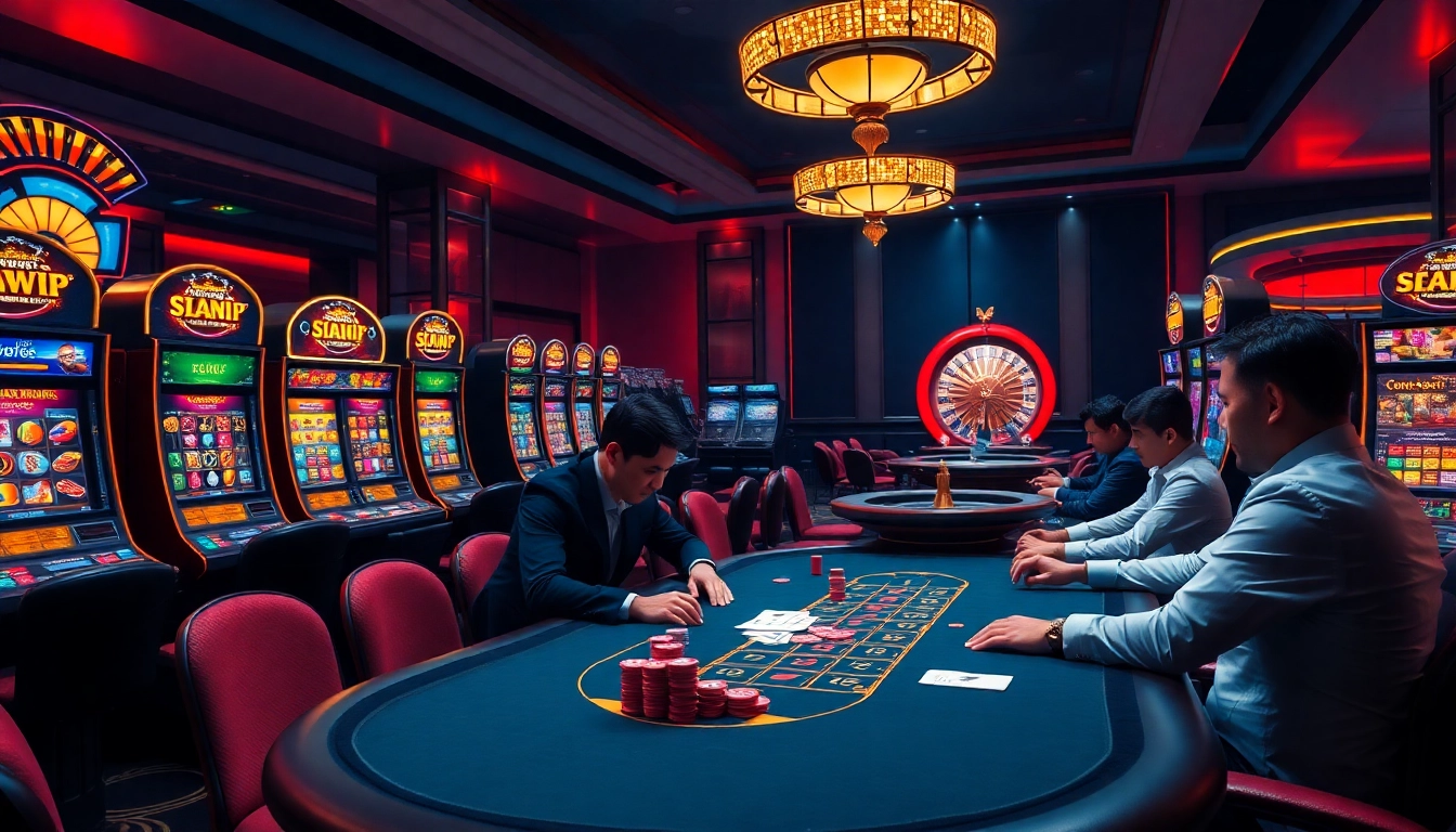 Luckywin players enjoy high-stakes poker in a vibrant casino atmosphere filled with excitement.