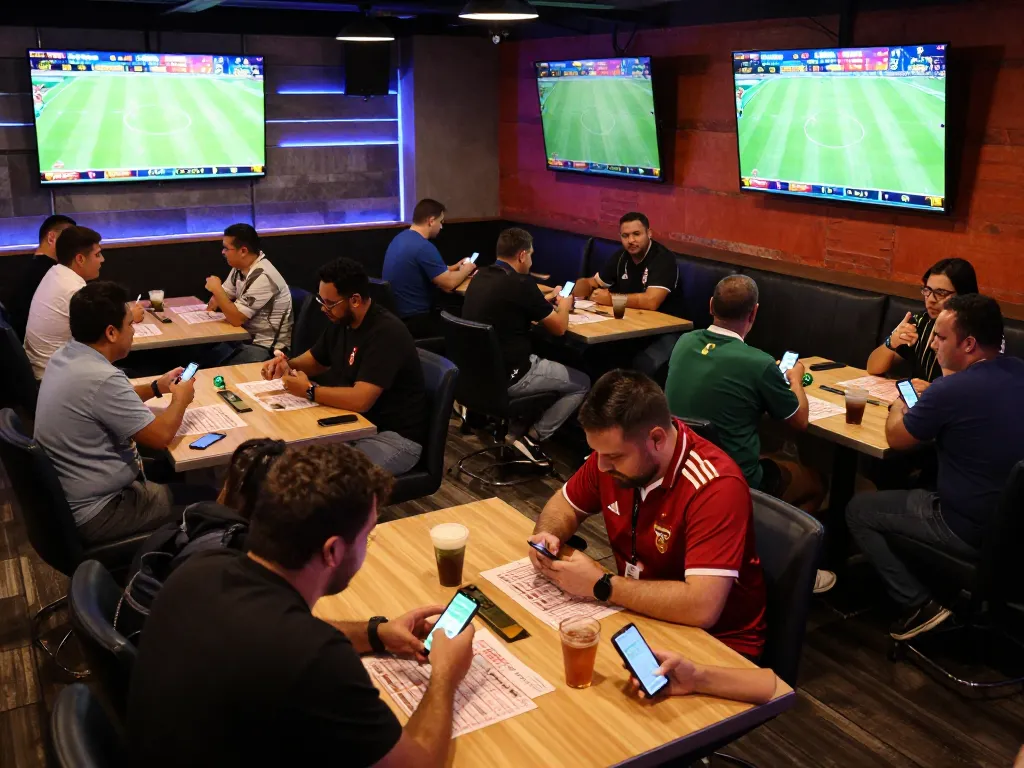 Fans excitedly placing bets on tỷ lệ bóng đá in a lively sports betting lounge with multiple screens