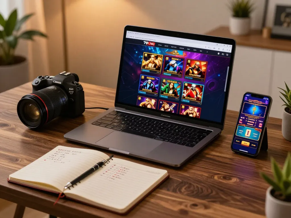 Explore online gaming strategies at 79KING with a laptop and live dealer gameplay displayed.