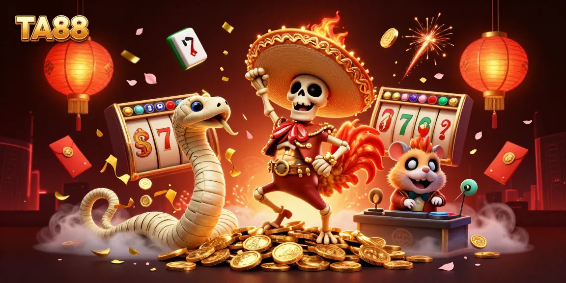 TA88 celebrates victory with a mariachi rooster, mummy snake, and zombie DJ in a vibrant casino scene.