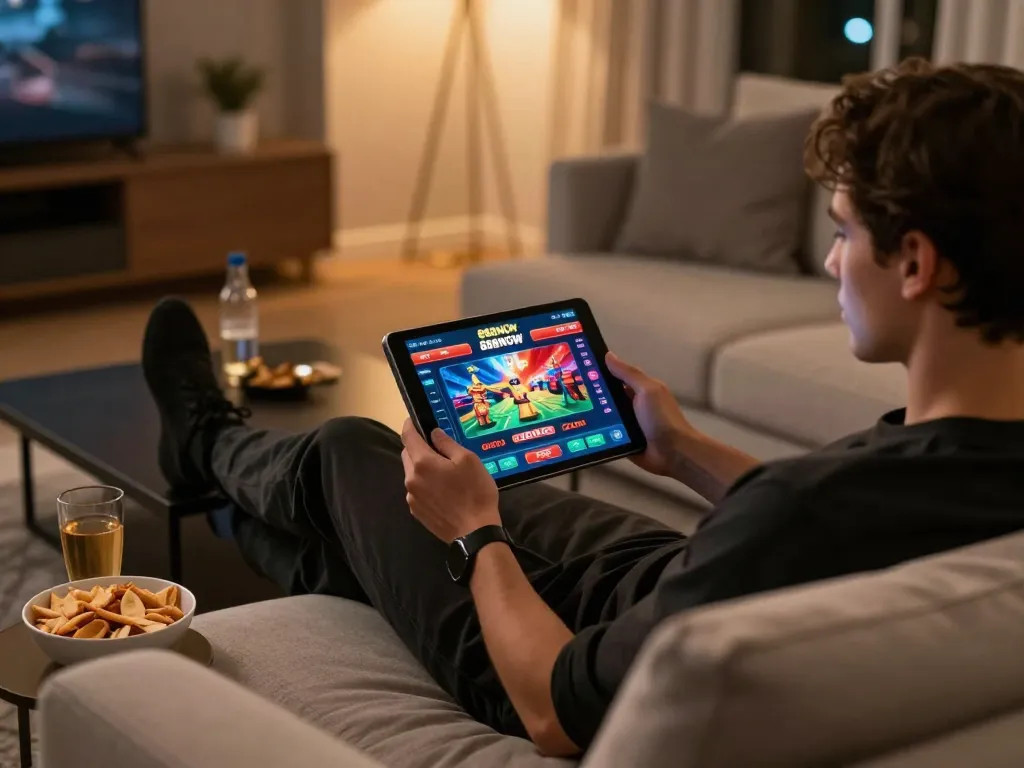 Player engaging with the 888NOW casino app on a tablet, enjoying a home gaming session.
