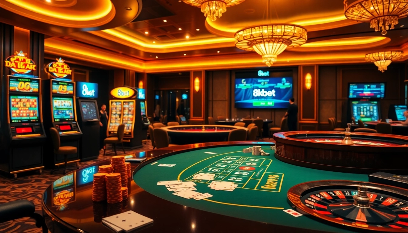 Players enjoying high-stakes games at 8Kbet's luxurious casino with slot machines and poker tables.