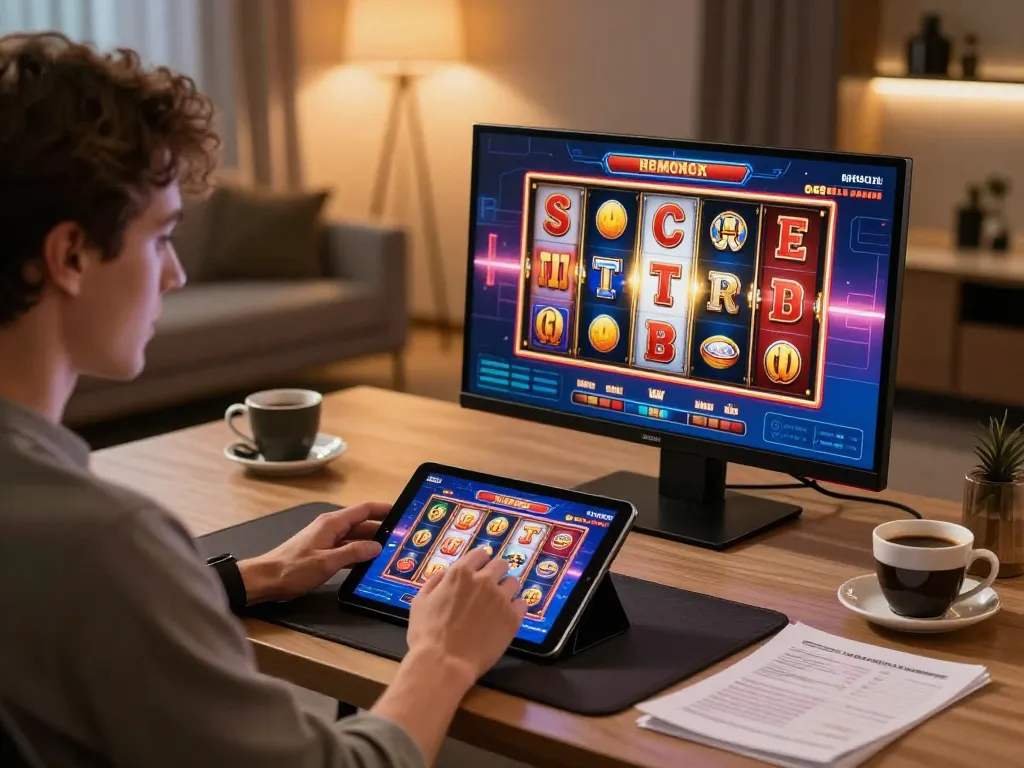 Engaging in NK88 casino slots on tablet in a cozy modern setup.