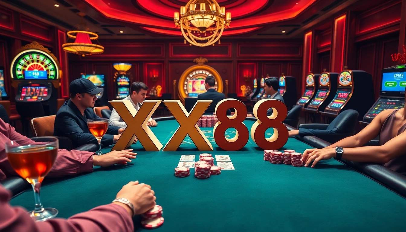 Experience the excitement of XX88 poker gameplay with vibrant casino elements and luxurious atmosphere.