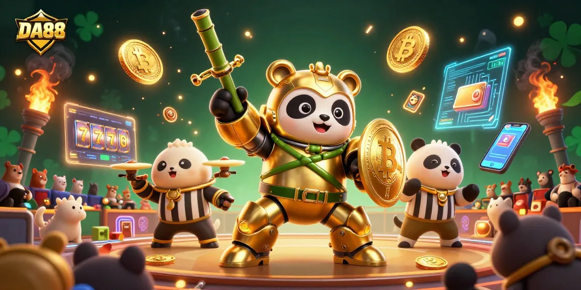 Engage with DA88 at a vibrant casino featuring a mech-suit panda and cryptocurrency elements.