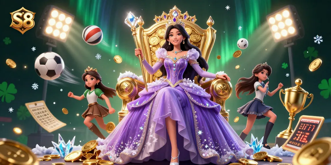 Bet on S8 with a stunning princess surrounded by sports elements and golden coins in this vibrant casino scene.