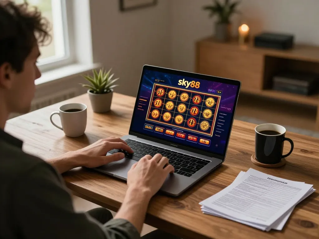 Engaging in slots game at sky88 online casino on laptop, cozy home setup.