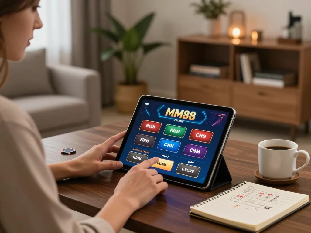 Person enjoying online casino gaming with MM88 on a tablet at home, showcasing a cozy setup.