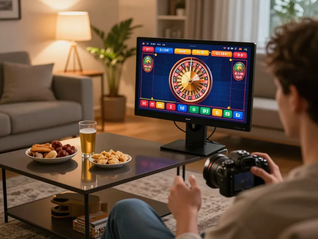 Engaging online gambling with nhà cái 888VI mobile app in a cozy living room atmosphere.