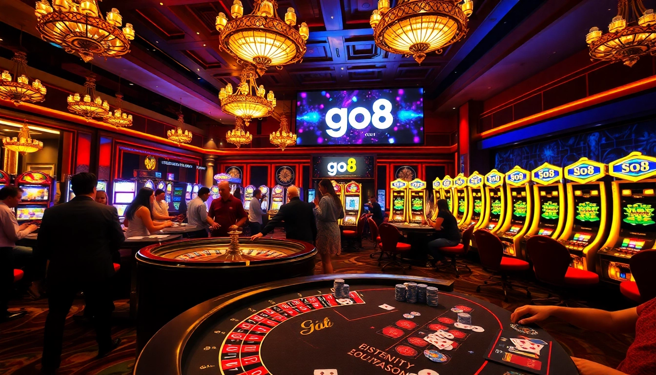 Gamblers enjoying high-stakes poker at a luxurious casino featuring go8 branding.