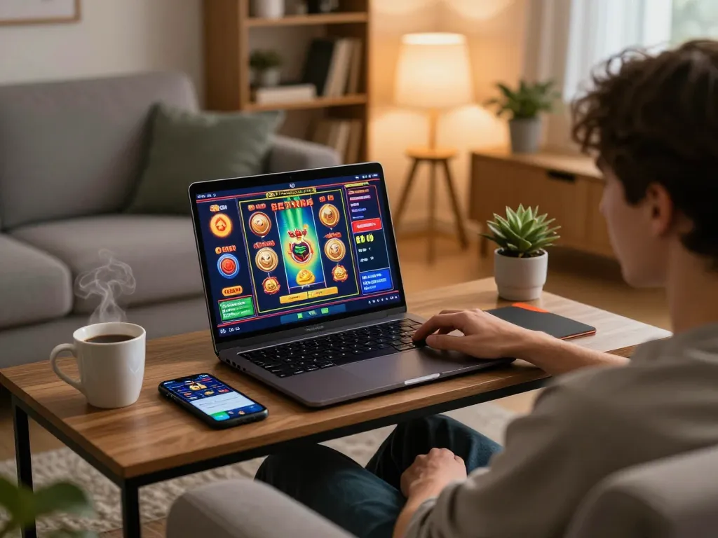 Engaging online gaming scene showcasing a player enjoying the 79KING app on a laptop, conveying strategy and comfort