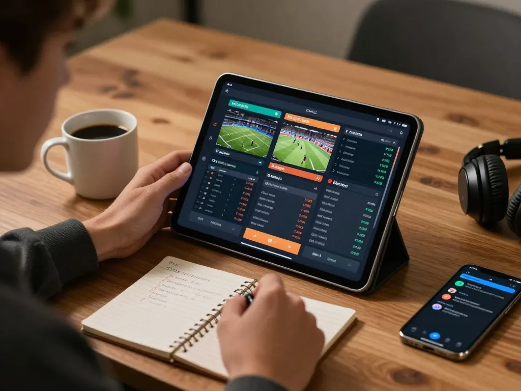 Engaged user exploring sports betting odds on 789win tablet, with strategic notes and refreshments nearby.