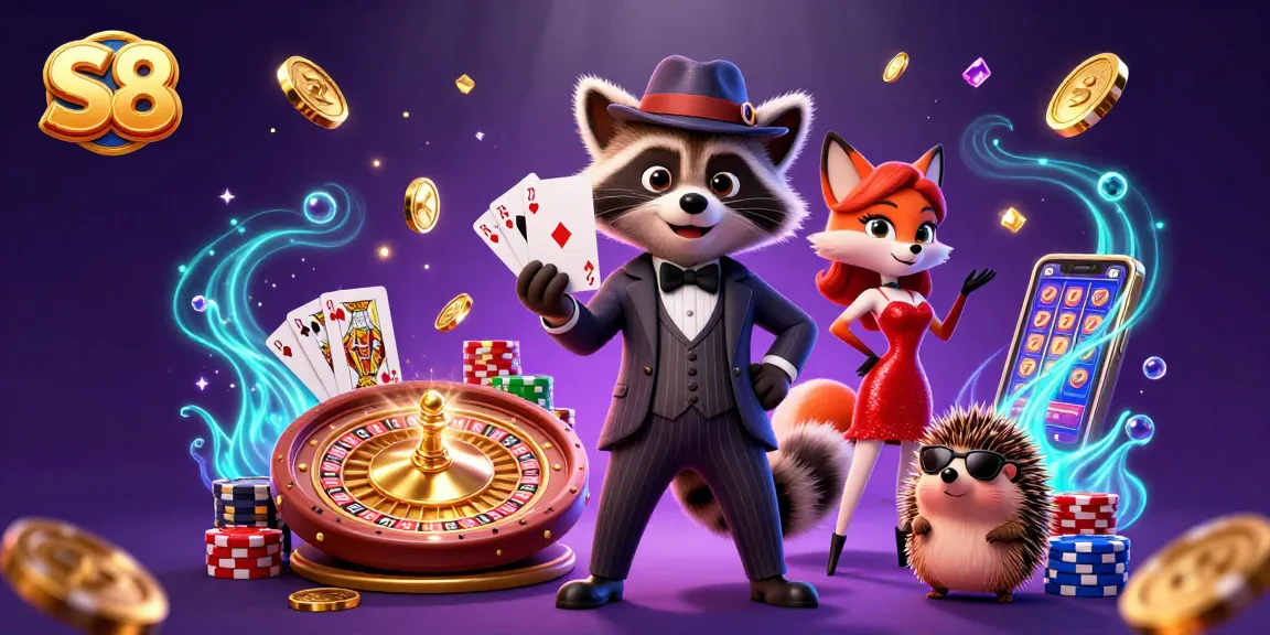 Experience the excitement of S8's casino atmosphere featuring a suave raccoon and friends celebrating a big win.