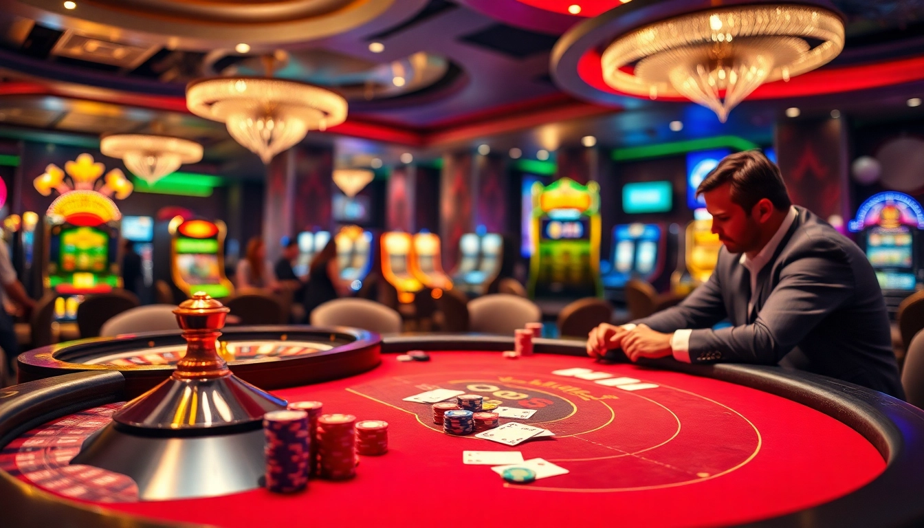 A thrilling poker game at https://lsa.jp.net/ featuring professional players, colorful chips, and a vibrant casino backdrop.