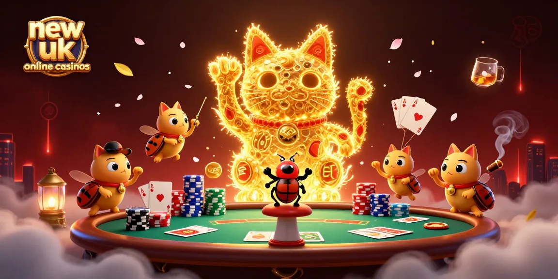 Experience excitement at new UK online casinos with a vibrant 3D illustration of a lucky cat and poker scene.