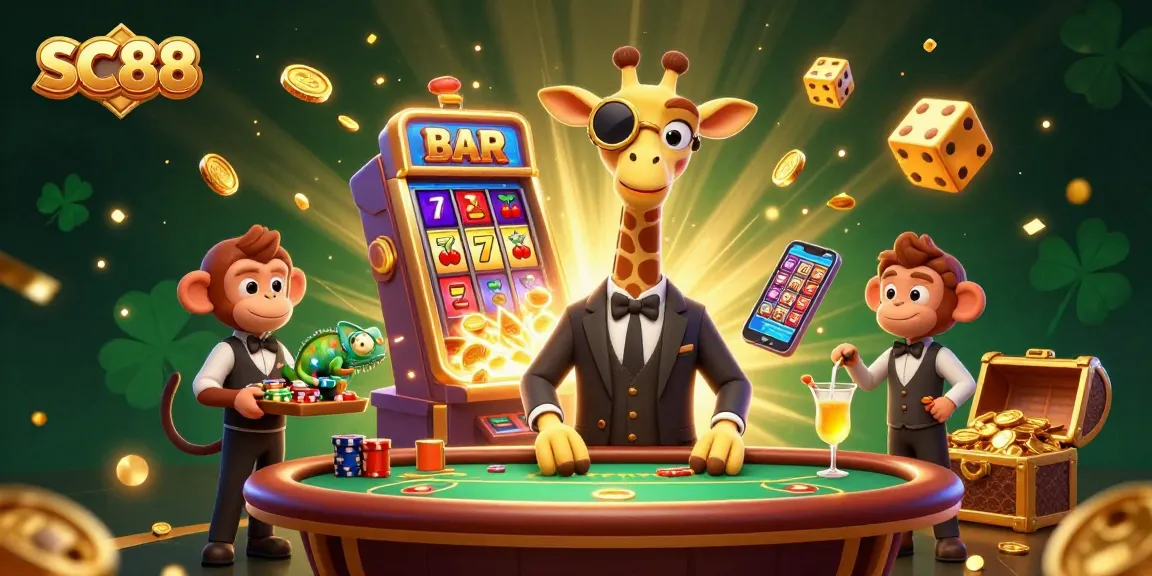 Experience SC88 excitement with a high-roller giraffe, monkey valet, and chameleon bartender amidst a jackpot explosion.
