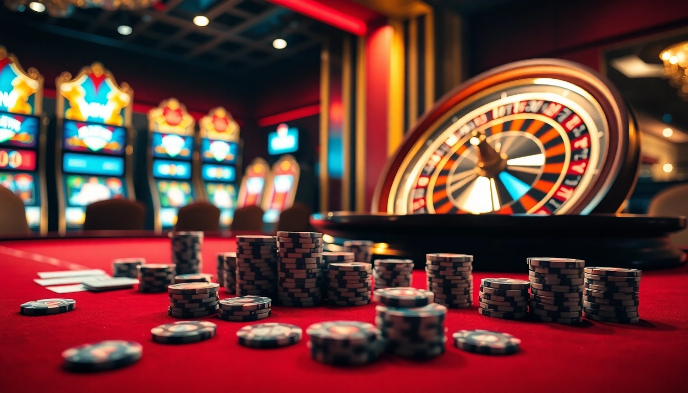 Experience exciting gameplay at luck8 with vibrant casino visuals, poker chips, and roulette wheels.