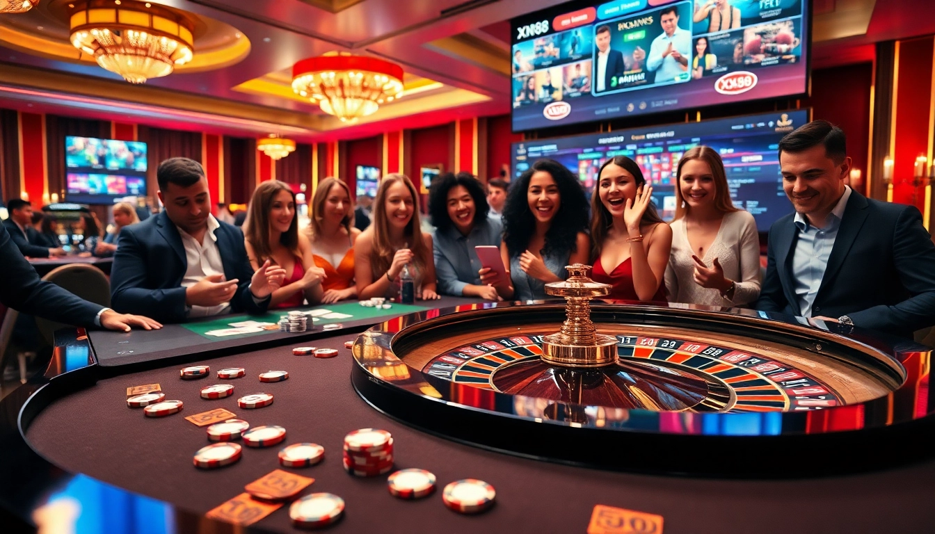 Experience the excitement of xn88 at a luxurious casino with vibrant roulette and engaging players.