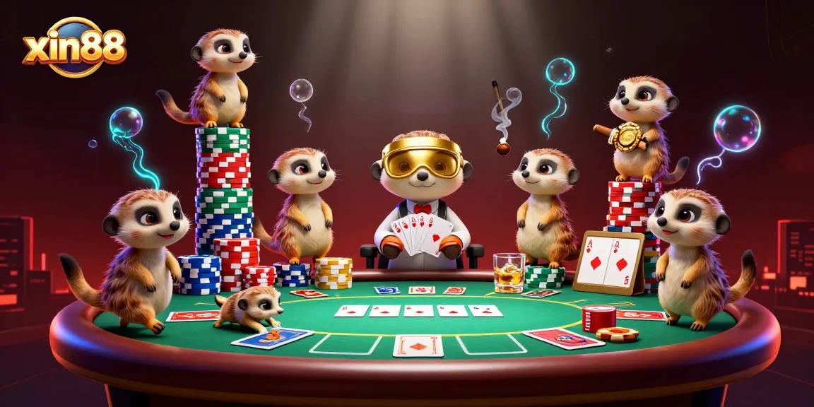 Meerkats manage a vibrant xin88 casino scene with poker tables and colorful chips.