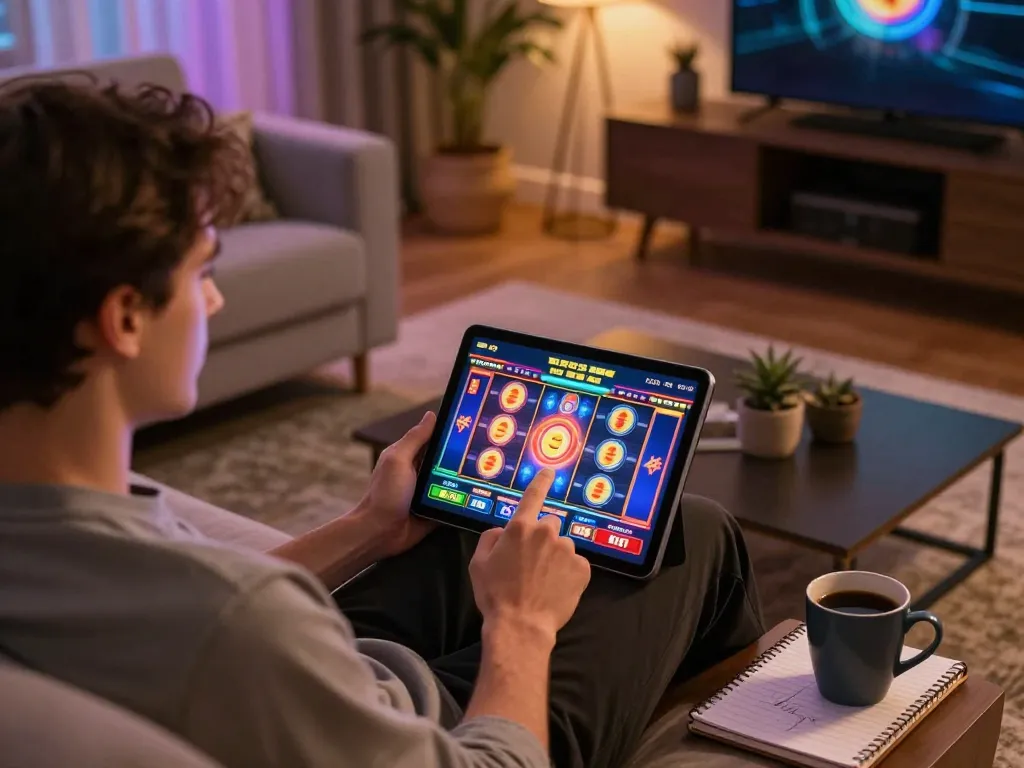Player enjoying a slot game on ee88go tablet in a cozy modern home.