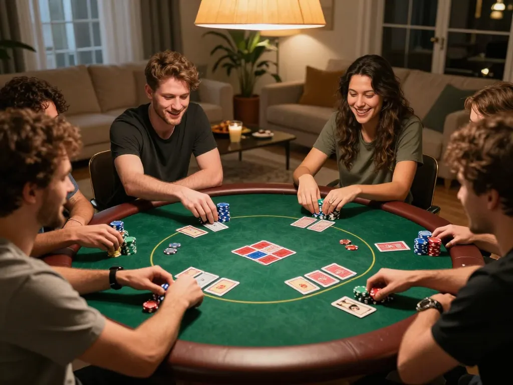 Max88 players enjoying a friendly poker night, colorful chips and cards visible, creating an inviting atmosphere.